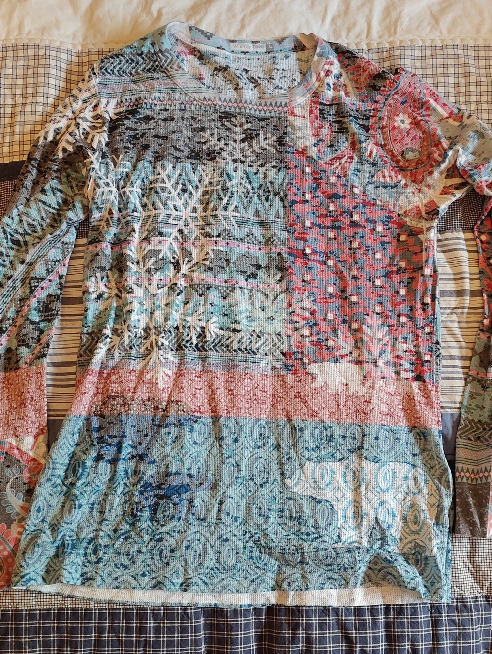 Whimsy Rose Boho Patchwork Long-Sleeve Top in Teal and Coral, Winter Theme, L